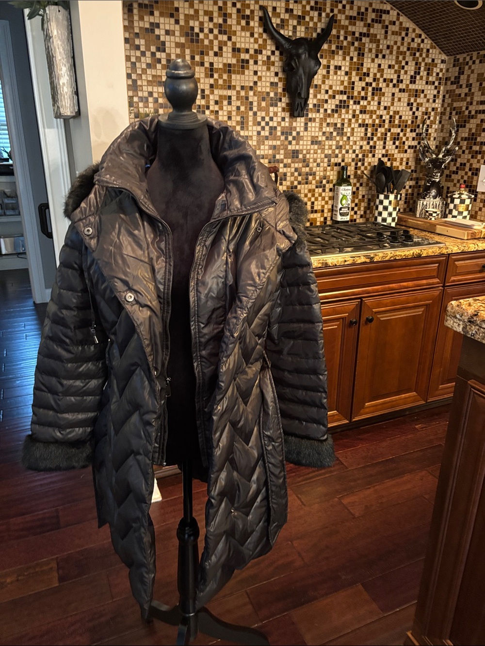 bebe Black Quilted Long Puffer Coat with Faux-Fur Trim